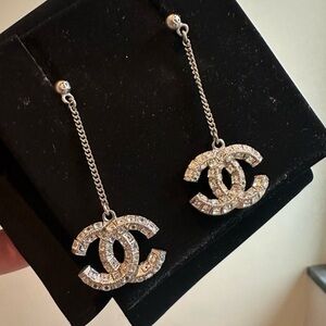 CHANEL Silver Crystal Logo Earrings